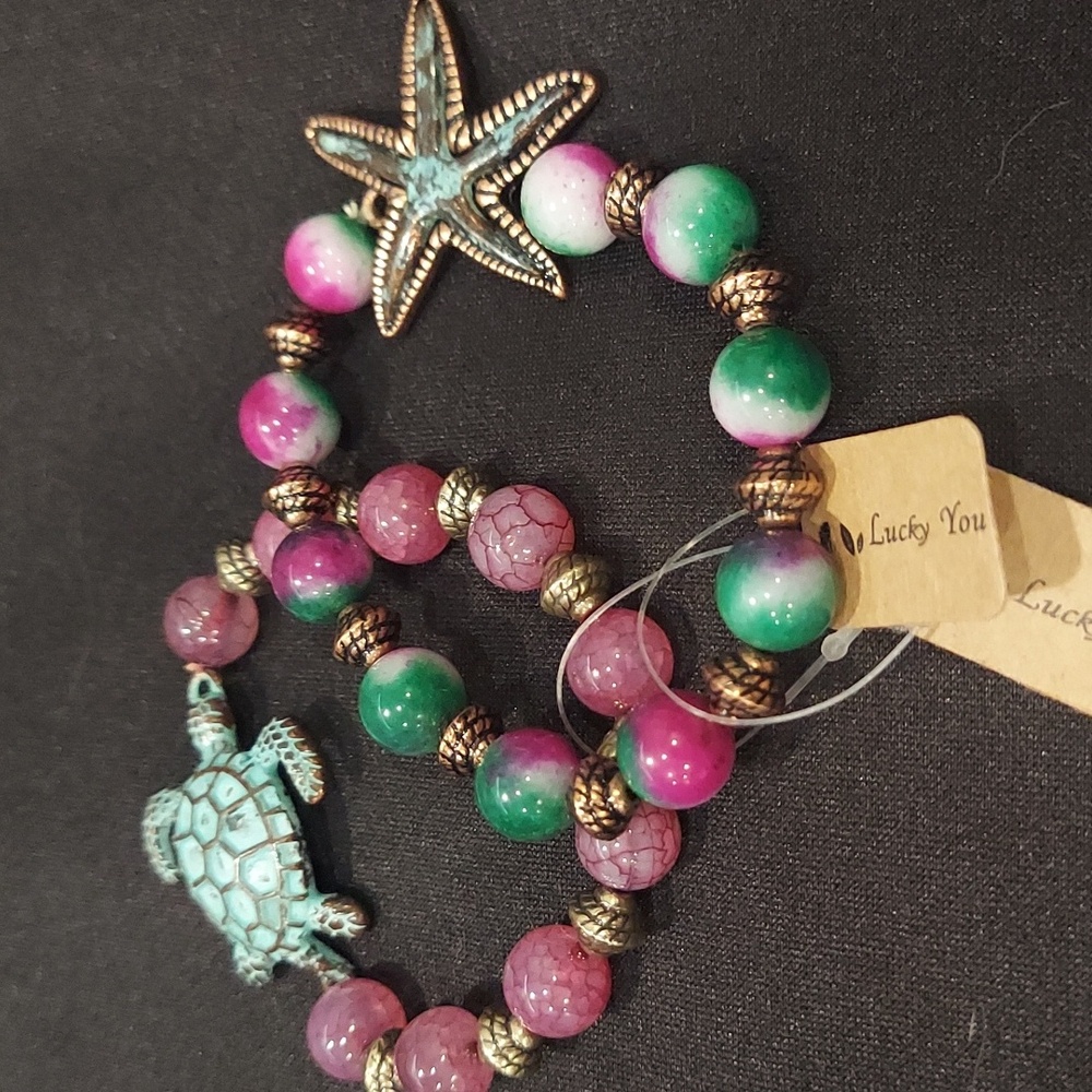 NWT Gemstone Bracelet Set with Turtle and Starfish Charms - Picture 3 of 6